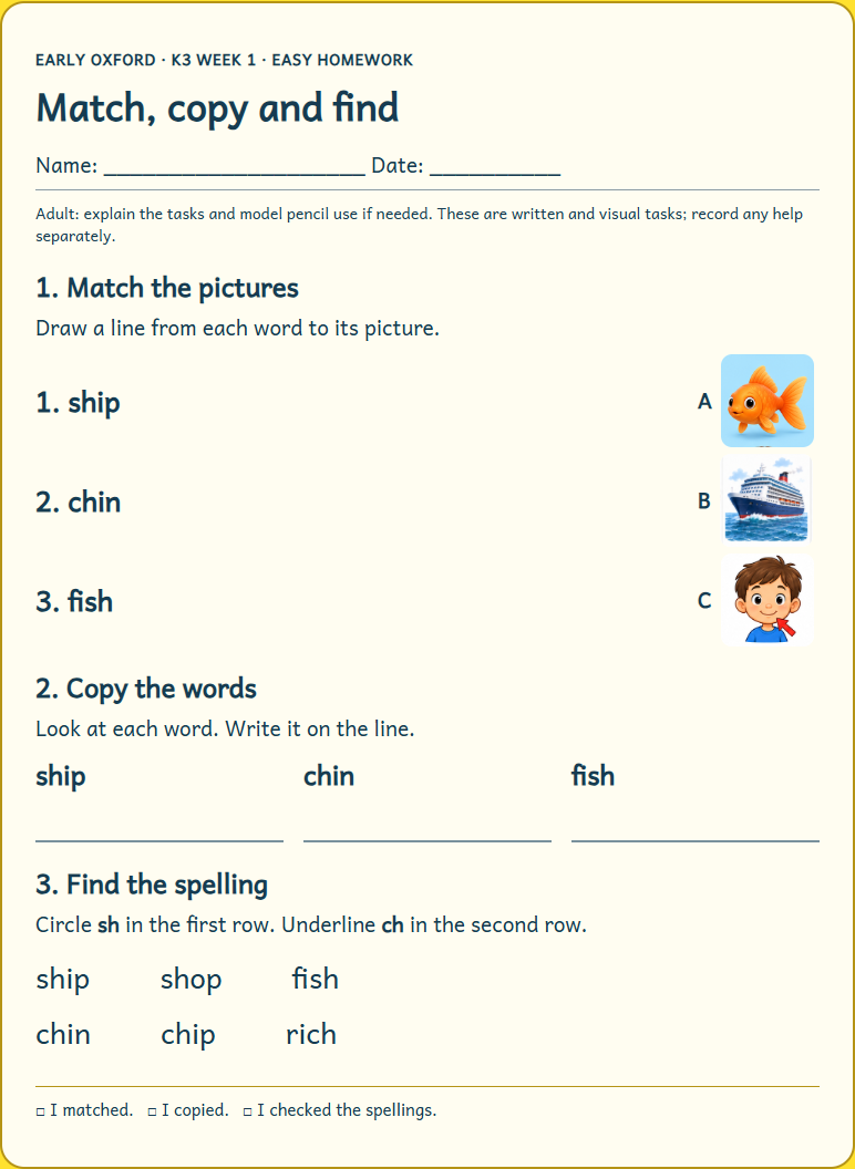 Read, match and copy: actual K3 sample worksheet